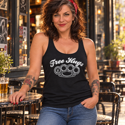 Débardeur Free Hugs Ted Dollar porté en terrasse par une femme rockabilly tatouée au bandana rouge