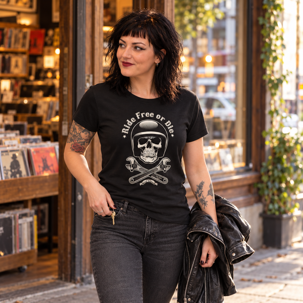 T-shirt femme Ride Free or Die Ted Dollar porté par une disquaire brune devant sa boutique