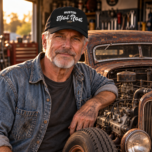 Casquette Rusted Hot Rod Ted Dollar portée dans un garage devant un rat rod patiné