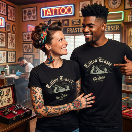 Deux mannequins portant le T-shirt unisexe noir Tattoo Eraser de Ted Dollar, avec inscription et motif de rabot
