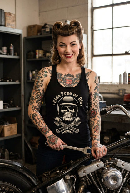 Débardeur dos nageur femme Ride Free or Die de Ted Dollar, coloris noir vintage, vue de face